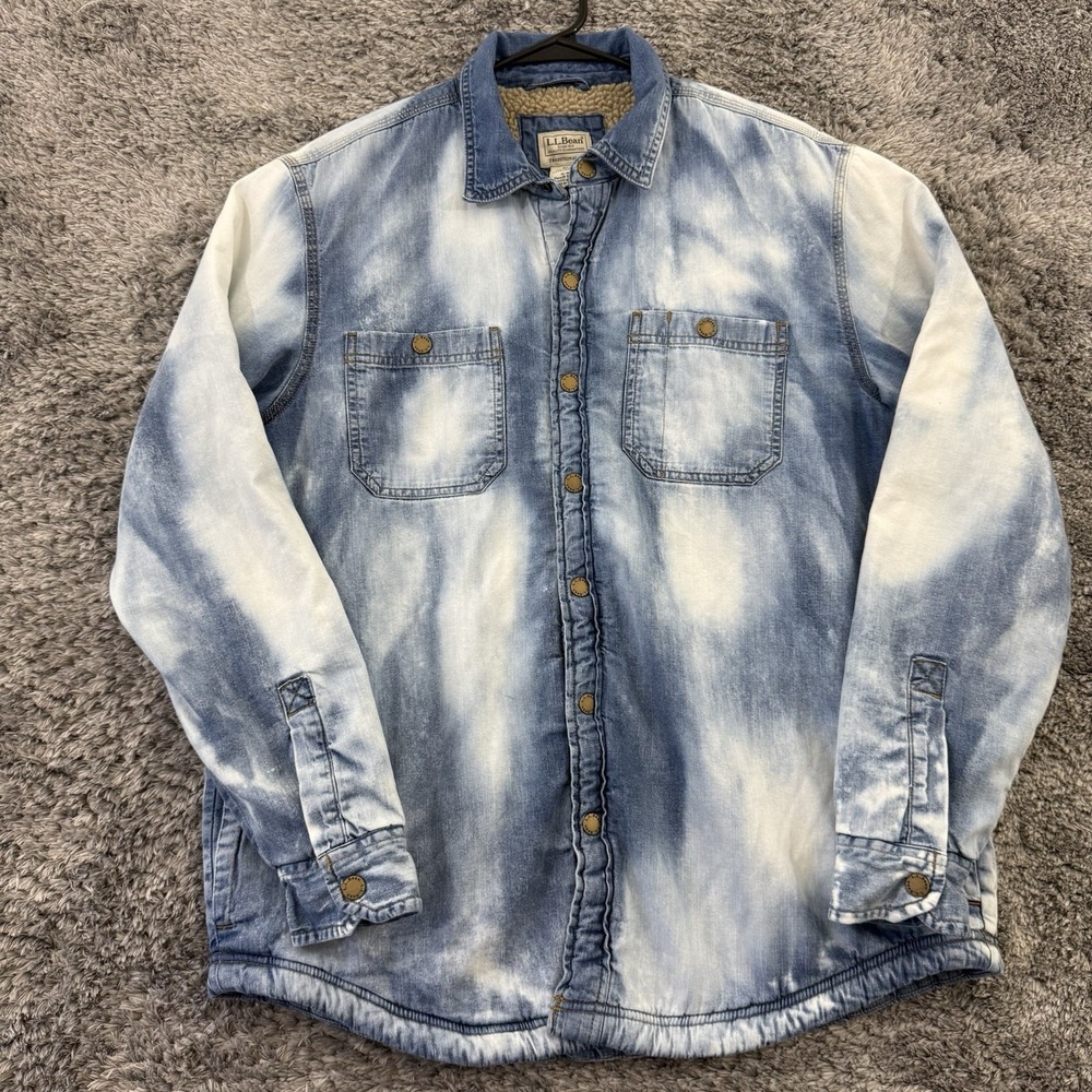 Ll Bean Jacket‎ Mens M Blue Tie Dye Sherpa Lined Chambray Denim Shacket 511558